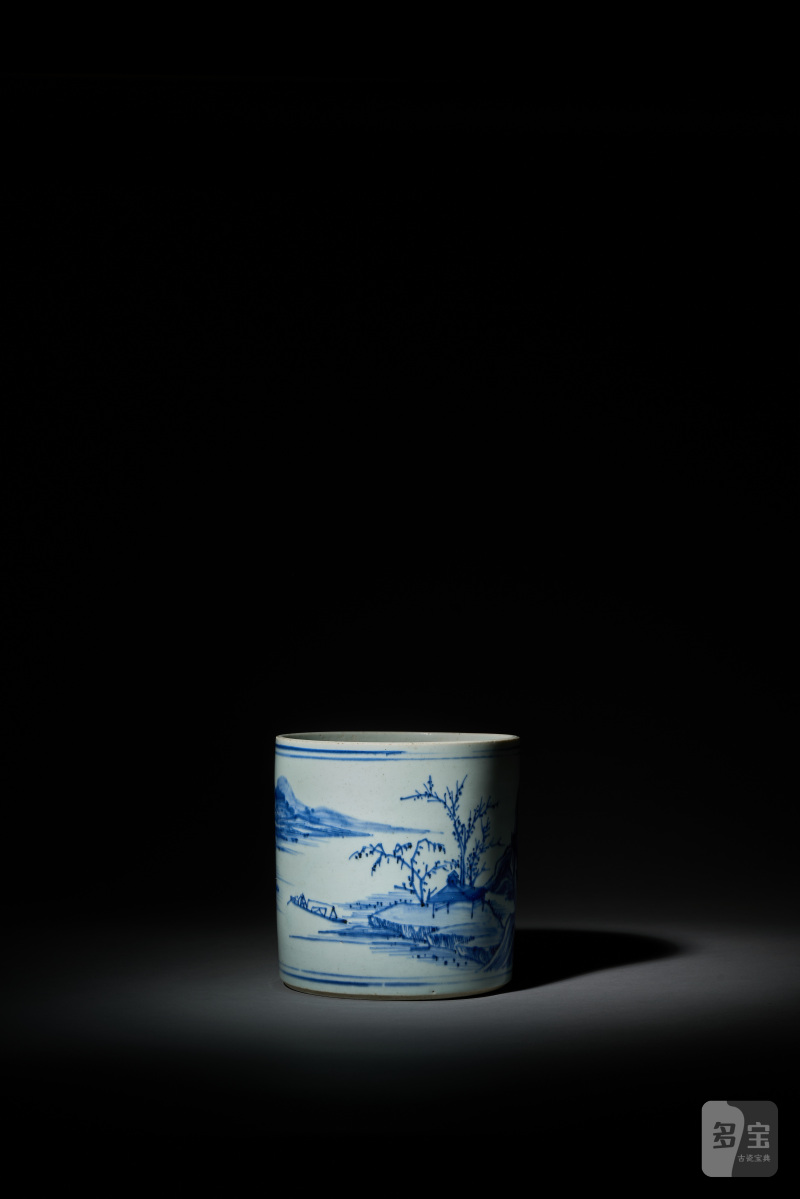 清康熙 青花山水松阁图笔筒 - 图2